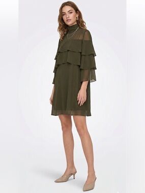 Zara Sheer Layered Ruffle Tunic Dress - Olive Green Size Large
